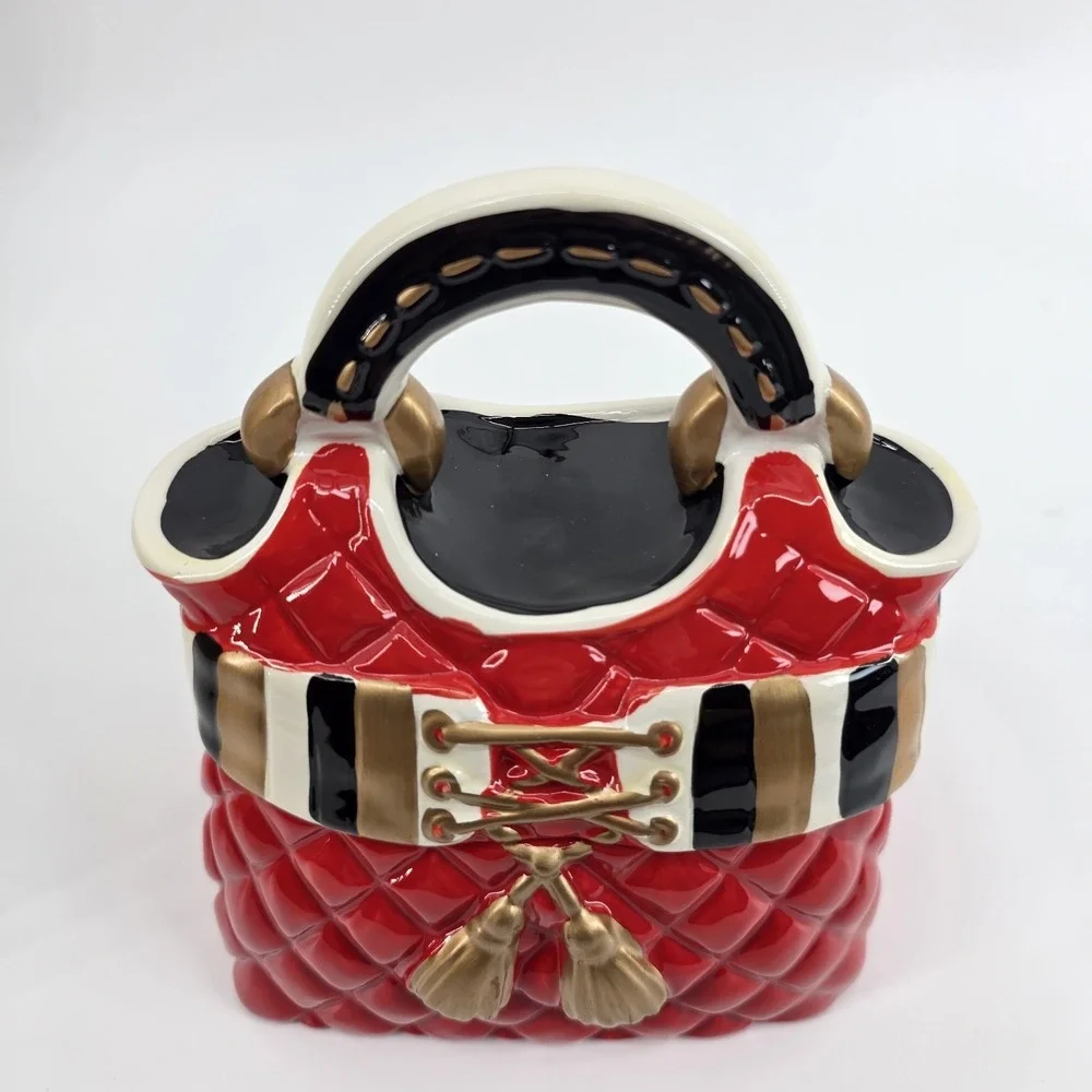 David's Cookies Jar Purse Red Black Gold Quilted Ceramic Cookie Jar, 6.5